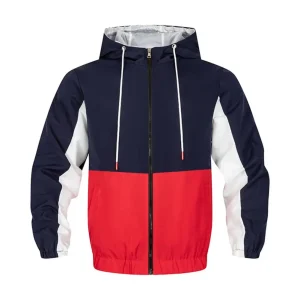 Hooded Drawstring Men Jacket Hooded Coat Stylish Men's Hooded Jacket with Patchwork Design Long Sleeve Zipper Placket for Spring