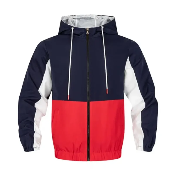 Hooded Drawstring Men Jacket Hooded Coat Stylish Men's Hooded Jacket with Patchwork Design Long Sleeve Zipper Placket for Spring