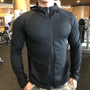 Men's Running Training Hoodies Elastic Breathable Hoody Zipper Up Quick Dry Hooded Man Workout Fitness Sportwear Gym Cloth Black