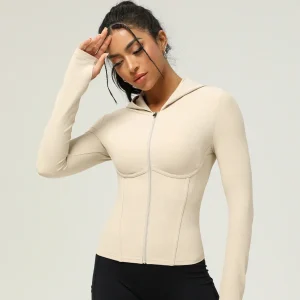 Women's Full Zip Ribbed Hooded Jacket Yoga Workout Sweat Sweatshirt Slim Fit Running Track Gym Fitness Hoodies with Thumbholes