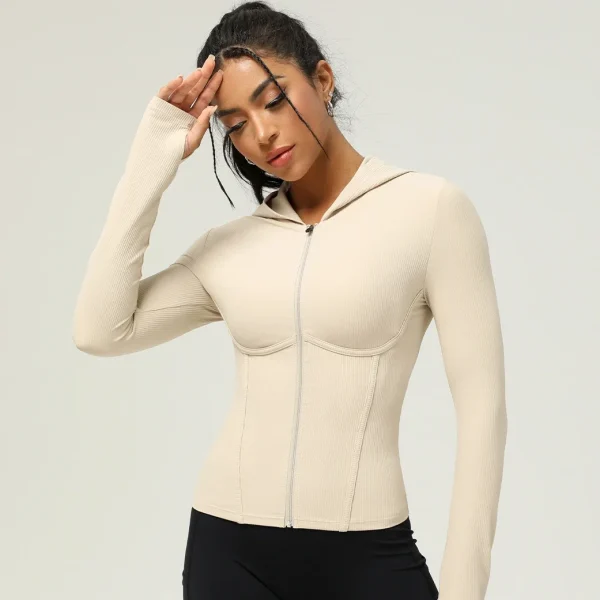 Women's Full Zip Ribbed Hooded Jacket Yoga Workout Sweat Sweatshirt Slim Fit Running Track Gym Fitness Hoodies with Thumbholes