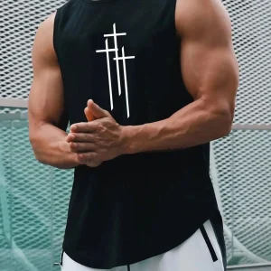Men's Crew Neck Sleeveless Vest Loose T-shirt Cross Print Breathable Comfortable Fitness Summer Sleeveless Vest With Round Hem