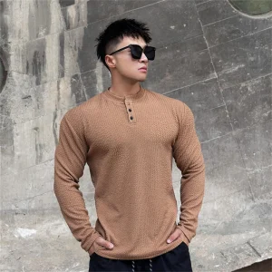 NEW High quality Autumn men's long sleeved T-shirt Fashion sports Button collar fitness Training T-shirt running men clothing