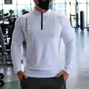 Sports Fitness Long-Sleeved Men Fall Stretchy Quick-Dry Running Gym Training Clothes Slim Zipper Baseball Tennis Sports Tops
