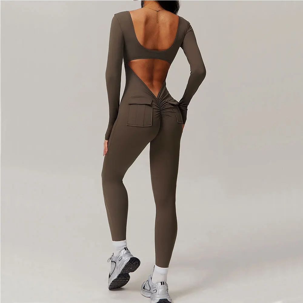 Sexy Back V Jumpsuit Gym Set Women Long Sleeved Yoga Suit Sportswear Women Sports Jumpsuit Fitness Rompers Workout Bodysuits