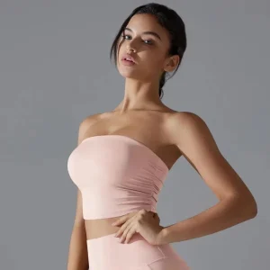 Women's New Solid Color Chest Wrapped Yoga Suit Top with Pleats, Strapless, Breathable, Slim Fit, Anti Slip, Running Sports Bra