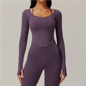 Zipper Long Sleeve Workout Top Gym Clothes Women Jacket Active Wear Sports Shirt Elastic Fitness Yoga Clothing Running Shirts