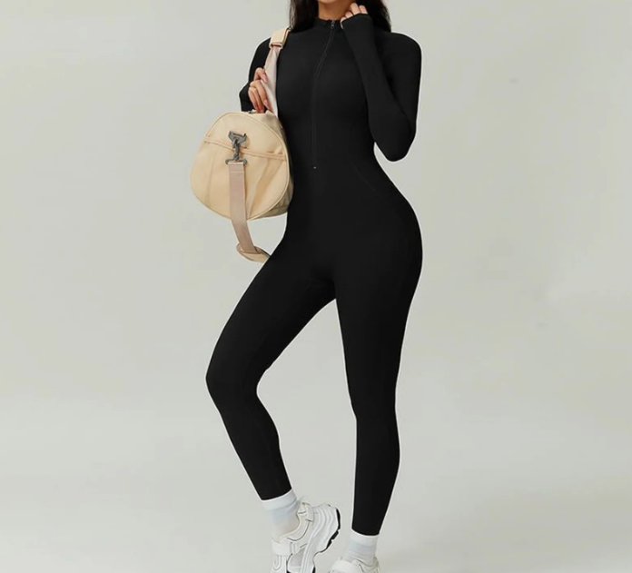 Women Warm Fleece Lined Bodysuit Solid Color Long Sleeve Plush Fitness Yoga Jumpsuits Seamless Slim One-Piece Zipper Overalls