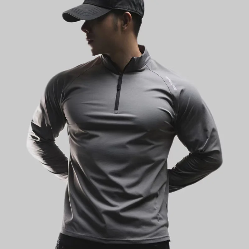 2024 Spring and autumn muscle new men's sports long sleeve T-shirt casual running gym training zipper print loose tops